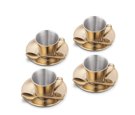 Shri & Sam Stainless Steel with Gold PVD Coating (Laser) 4 Pieces Rise Double Wall Cup and Saucer Set